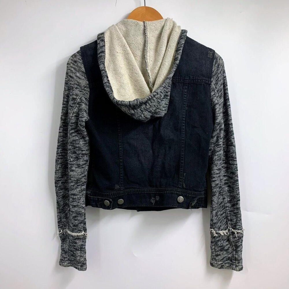 Free People Women's Distressed Denim Hooded Long Sleeve Knit Jacket Size XS - Picture 2 of 15